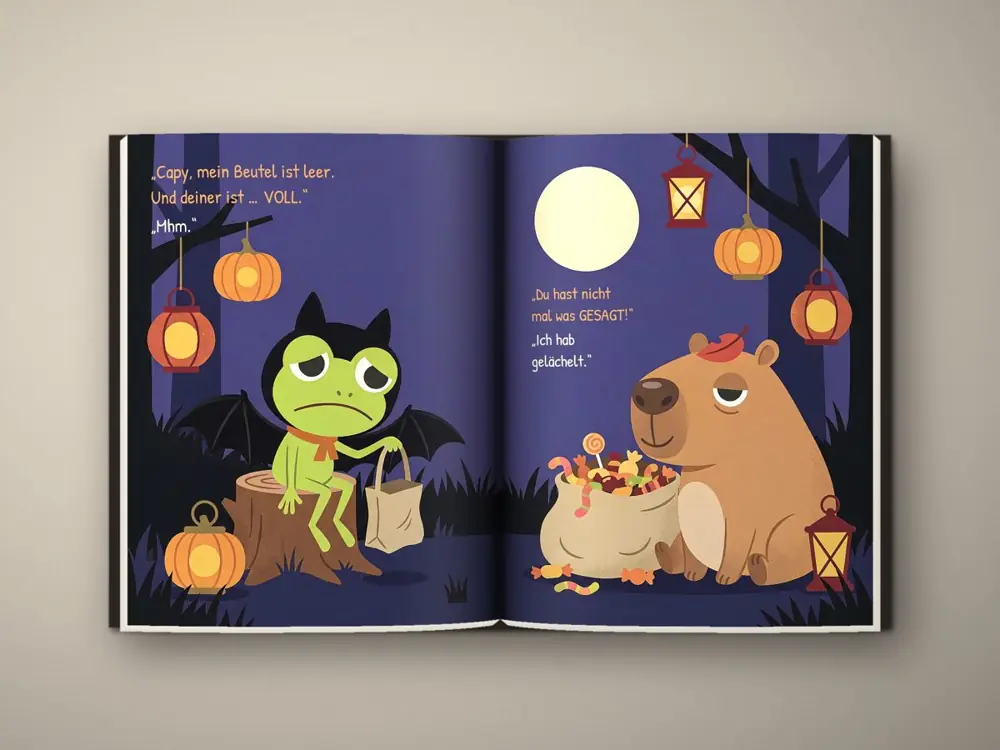 Children's picture book spread: a sad frog with an empty bag next to a capybara with a full sack of sweets