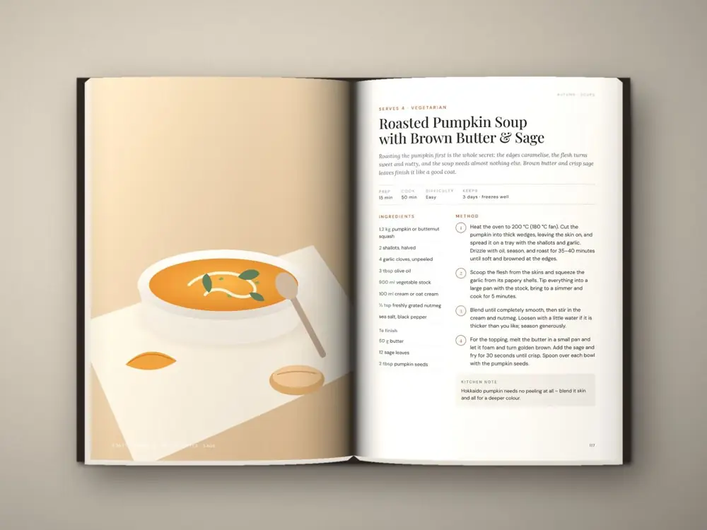 Illustrated cookbook spread with recipe page and full-page illustration