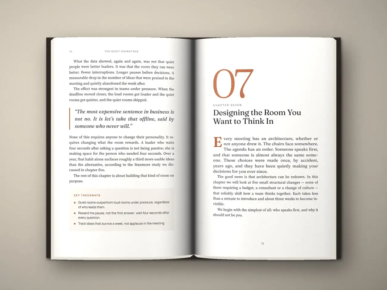 An open business book typeset by Crispdraft: a large orange chapter numeral, chapter title, pull quote and a key-takeaways box.
