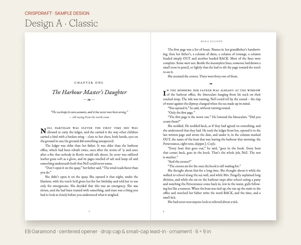 Sample design A, classic: centered chapter opener, EB Garamond, drop cap
