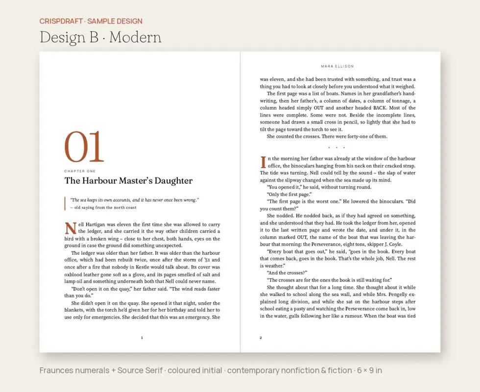 Sample design B, modern: large coloured chapter numeral, Fraunces title, coloured initial