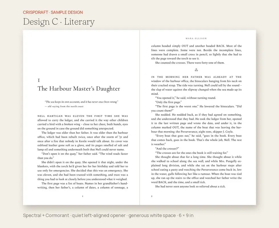 Sample design C, literary: quiet left-aligned opener in Cormorant
