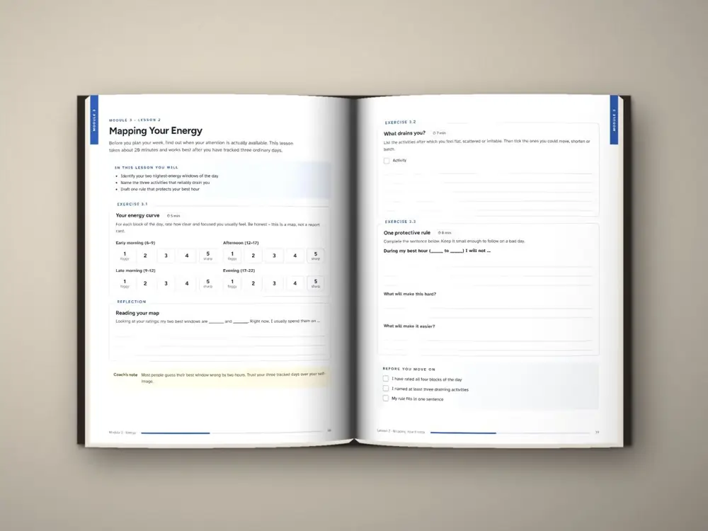 Course workbook spread with exercises and rating scales